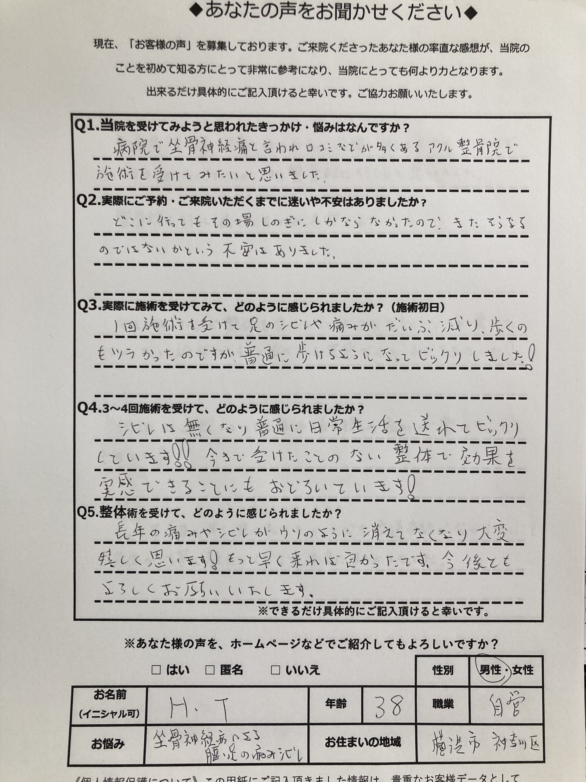 アクル整骨院 | 坐骨神経痛／38歳／自営業／横浜市東神奈川在住 - てらさきふみひろ　声